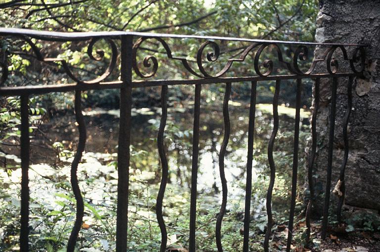 Vue d'un miroir d'eau depuis la grille.