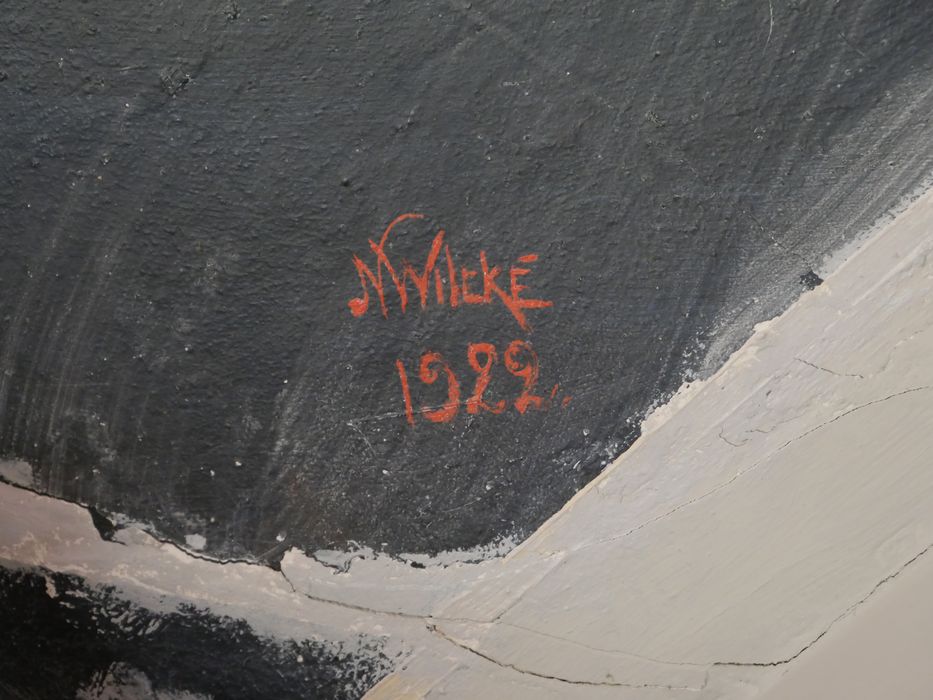 maison Peretti : 2e étage, salon, détail d’une peinture décorative, signature de l’artiste et date de réalisation