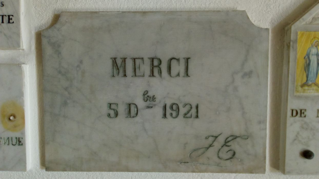ex-voto mural : Merci 5 DBRE 1921 J.C. - © Ministère de la Culture (France), Direction Régionale des Affaires Culturelles de Corse – Tous droits réservés