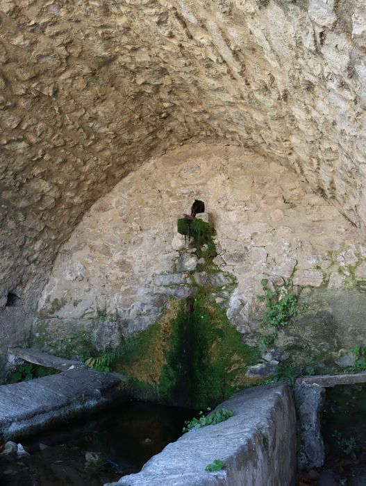 lavoir, vue partielle : élévation sud adossée, source et bassin