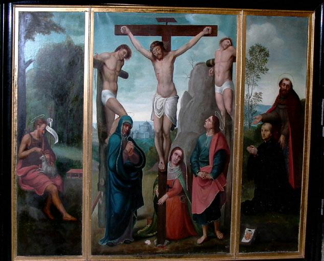 triptyque : La Crucifixion, saint François d'Assise, saint Jean-Baptiste, vue générale - © Ministère de la culture (France) ; © Conseil départemental de l'Ain