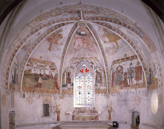 peinture monumentale : Annonciation, Adoration des Mages, saint Georges terrassant le dragon une Nativité une Mise au tombeau, vue générale