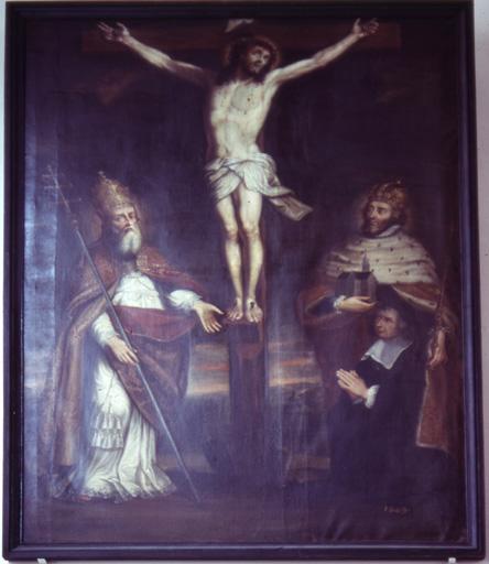 tableau : Christ en croix avec deux saints personnages et donateur agenouillé, vue générale - © Ministère de la culture (France) ; © Conseil départemental de l'Ain