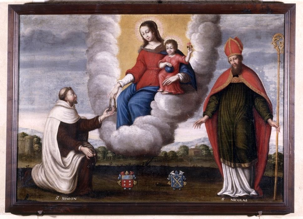 Tableau : Vierge à l'Enfant au scapulaire avec saint Simon Stock et Saint Nicolas