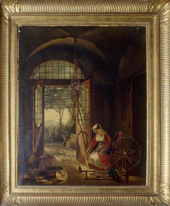 Tableau : jeune femme au rouet - © Ministère de la Culture (France), Conservation des antiquités et des objets d’art de l’Ain, tous droits réservés
