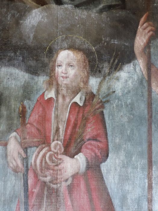tableau : Saint Mammès, saint Jean-Baptiste et un autre saint, détail - © Ministère de la Culture (France), Conservation des antiquités et des objets d’art des Hautes-Alpes - Tous droits réservés