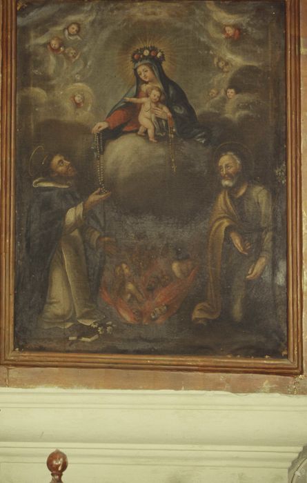 2 tableaux : Vierge et l'Enfant remettant le Rosaire à saint Dominique et saint Joseph ; Vierge à l'Enfant remettant le saint Scapulaire à saint Simon Stock et saint Antoine