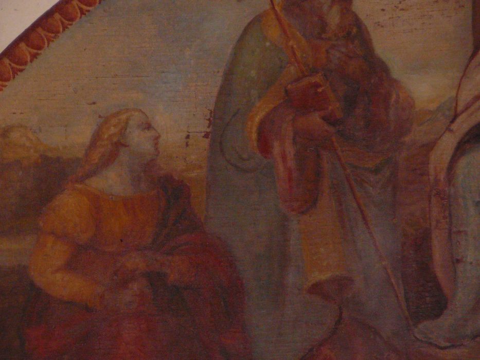 tableau : Vierge à l'Enfant, Marie Madeleine, saint Marcellin, saint Benoît, saint Laurent, détail