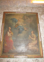 tableau et son cadre : Couronnement de la Vierge entre Sainte Marie-Madeleine et Sainte Catherine d'Alexandrie - © Ministère de la Culture (France), Conservation des antiquités et objets d'art des Alpes Maritimes – Tous droits réservés