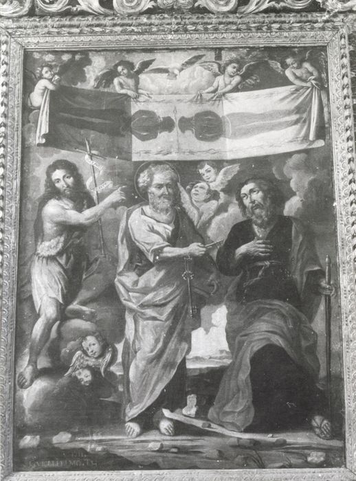 Tableau : Le Saint Suaire, saint Pierre, saint Paul et saint Jean-Baptiste, et son cadre