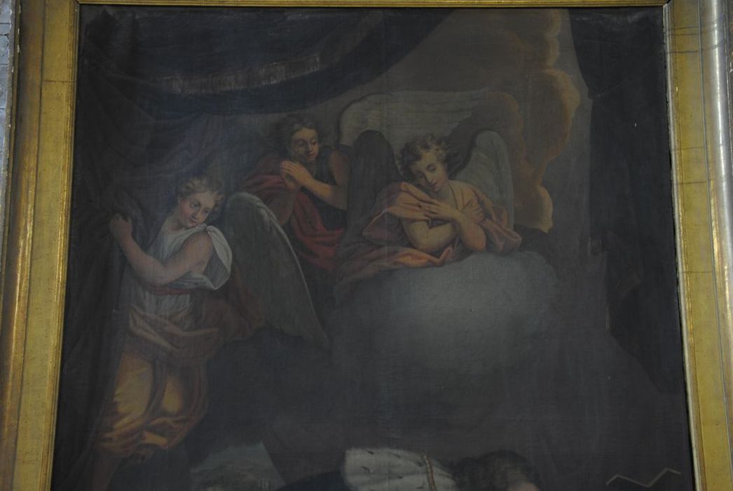 tableau : saint Louis en prière devant les insignes de la passion, vue partielle - © Ministère de la Culture (France), Médiathèque du patrimoine et de la photographie, Conservation des antiquités et des objets d’art de l’Ardèche – Tous droits réservés