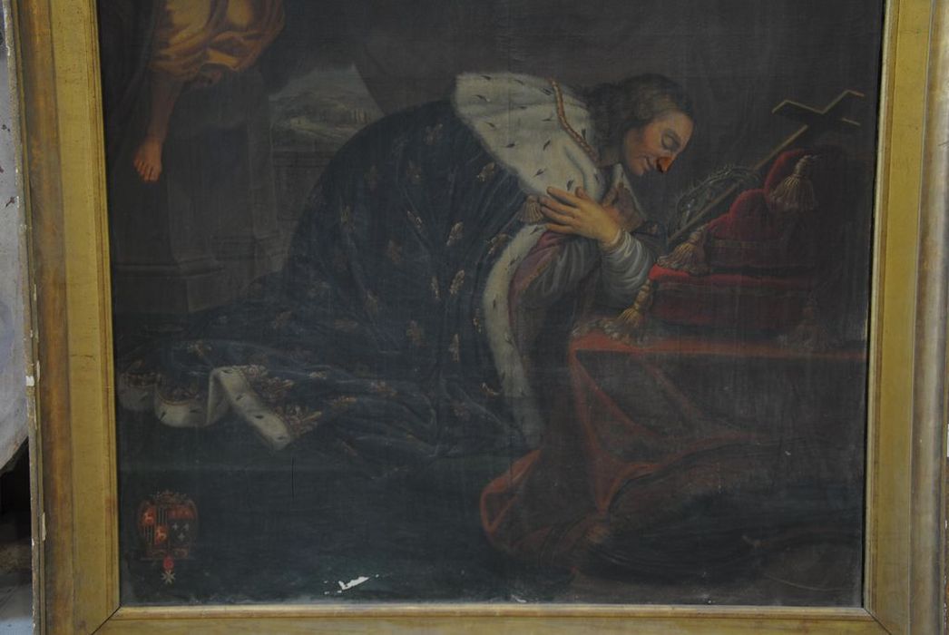 tableau : saint Louis en prière devant les insignes de la passion, vue partielle - © Ministère de la Culture (France), Médiathèque du patrimoine et de la photographie, Conservation des antiquités et des objets d’art de l’Ardèche – Tous droits réservés