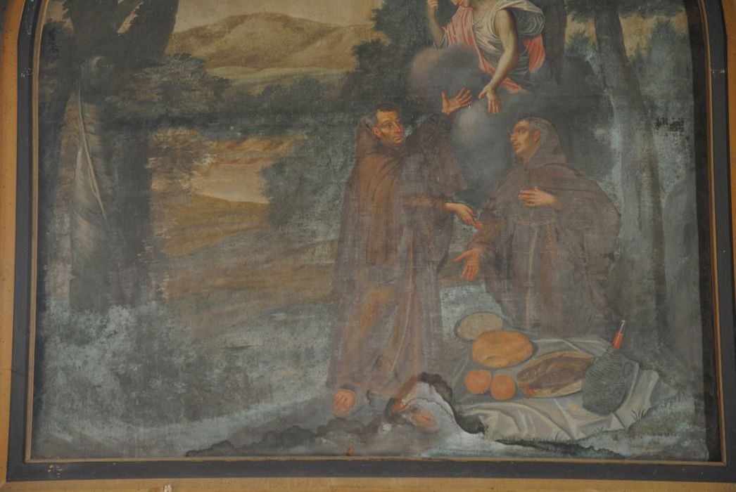 tableau : saint François et son compagnon nourris par un ange, vue partielle - © Ministère de la Culture (France), Médiathèque du patrimoine et de la photographie, Conservation des antiquités et des objets d’art de l’Ardèche – Tous droits réservés