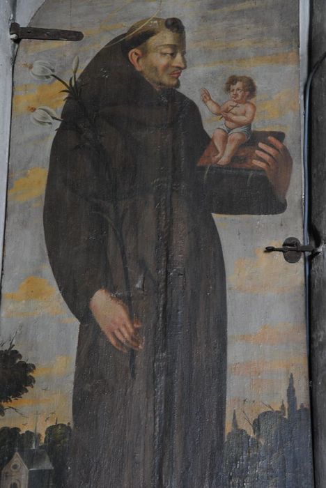 vantail (volet de fenêtre) : Saint Antoine de Padoue, vue partielle - © Ministère de la Culture (France), Conservation des antiquités et des objets d’art de l’Ardèche – Tous droits réservés