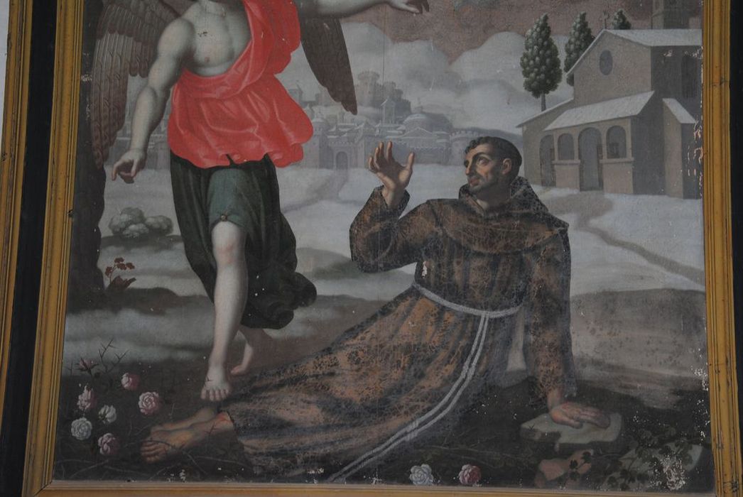 tableau : saint François devant l'église de la Portioncule, vue partielle - © Ministère de la Culture (France), Médiathèque du patrimoine et de la photographie, Conservation des antiquités et des objets d’art de l’Ardèche – Tous droits réservés