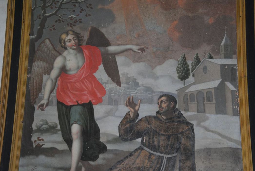 tableau : saint François devant l'église de la Portioncule, vue partielle - © Ministère de la Culture (France), Conservation des antiquités et des objets d’art de l’Ardèche – Tous droits réservés