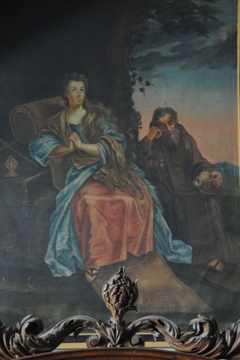 tableau : sainte Madeleine et religieux en prière, vue partielle - © Ministère de la Culture (France), Médiathèque du patrimoine et de la photographie, Conservation des antiquités et des objets d’art de l’Ardèche – Tous droits réservés