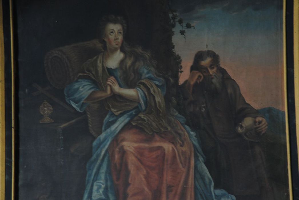 tableau : sainte Madeleine et religieux en prière, vue partielle - © Ministère de la Culture (France), Médiathèque du patrimoine et de la photographie, Conservation des antiquités et des objets d’art de l’Ardèche – Tous droits réservés
