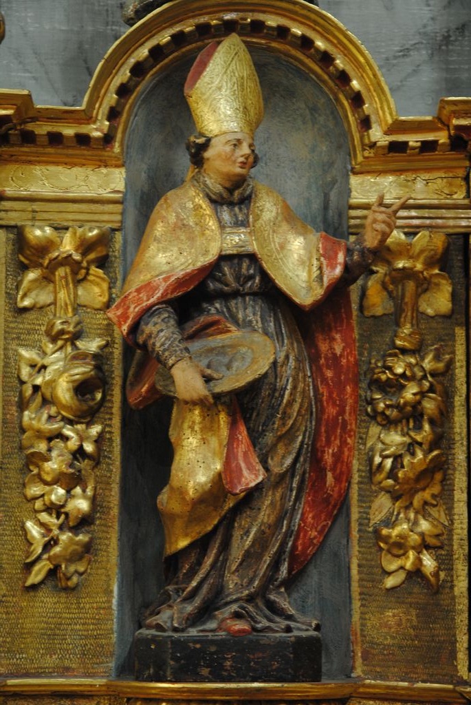 retable, tabernacle, détail, statuette : saint évêque non identifié