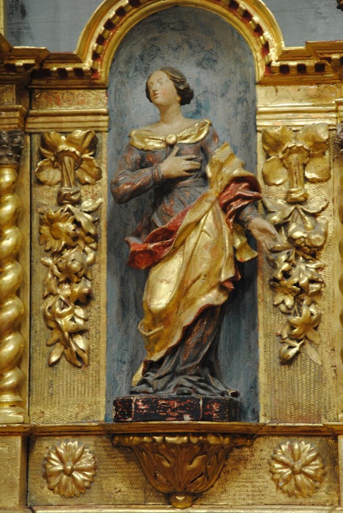 retable, tabernacle, détail, statuette : sainte Agathe de Sicile