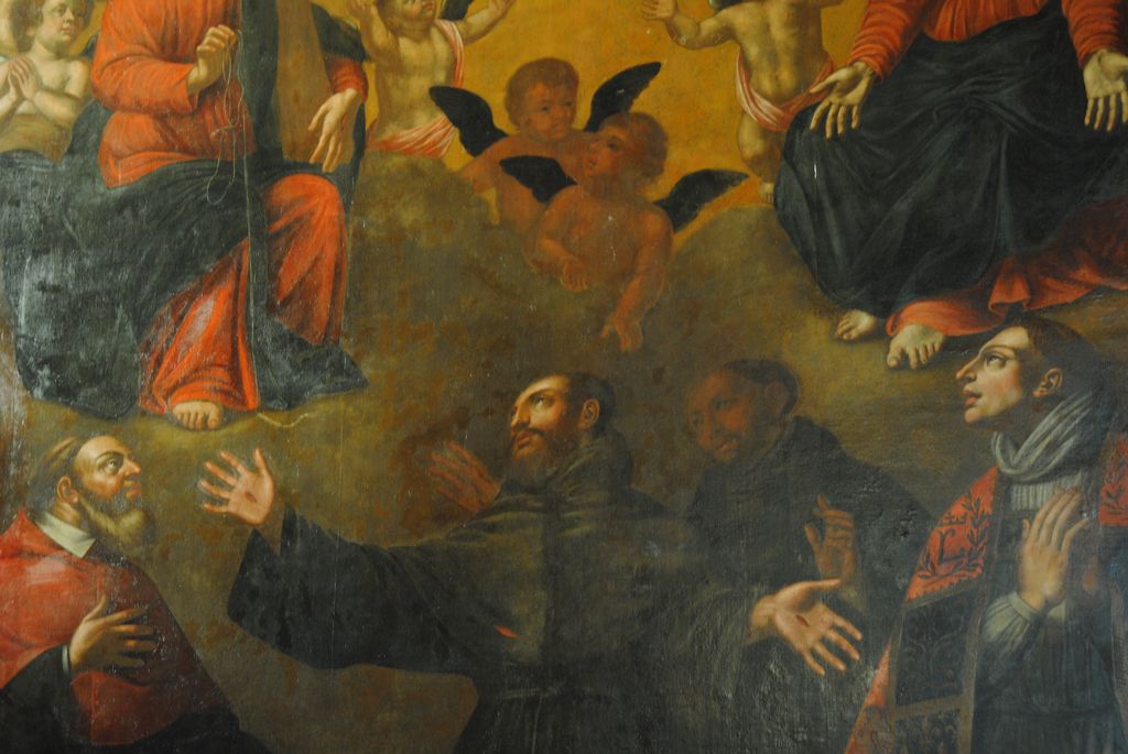 tableau : Trinité et la Vierge vénérées par de saints personnages (la), détail - © Ministère de la Culture (France), Médiathèque du patrimoine et de la photographie, Conservation des antiquités et des objets d’art de l’Ardèche – Tous droits réservés