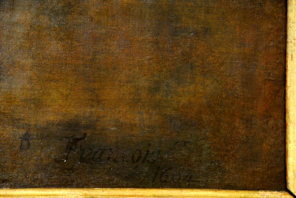 tableau : saint Antoine et son cochon, détail de la signature - © Ministère de la Culture (France), Médiathèque du patrimoine et de la photographie, Conservation des antiquités et des objets d’art de l’Ardèche – Tous droits réservés