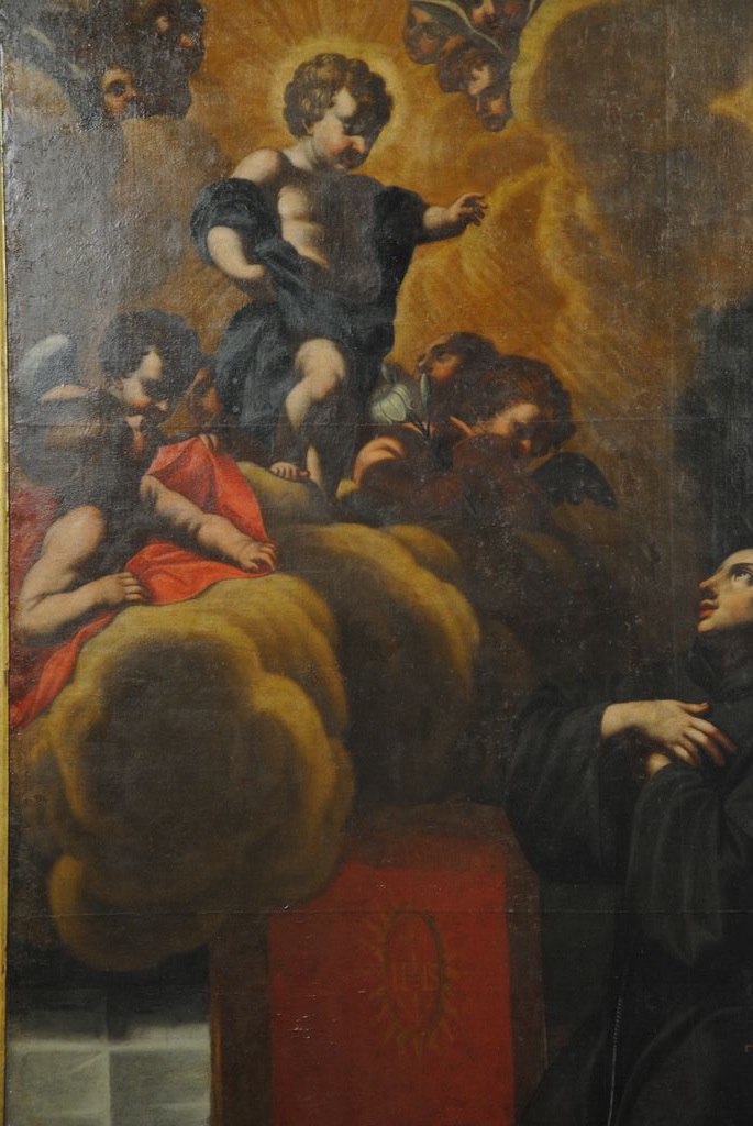 tableau : saint Antoine-de-Padoue agenouillé devant une vision de l'Enfant Jésus, vue partielle - © Ministère de la Culture (France), Médiathèque du patrimoine et de la photographie, Conservation des antiquités et des objets d’art de l’Ardèche – Tous droits réservés