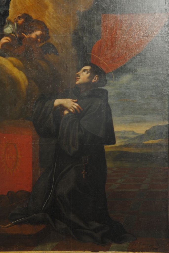 tableau : saint Antoine-de-Padoue agenouillé devant une vision de l'Enfant Jésus, vue partielle - © Ministère de la Culture (France), Conservation des antiquités et des objets d’art de l’Ardèche – Tous droits réservés