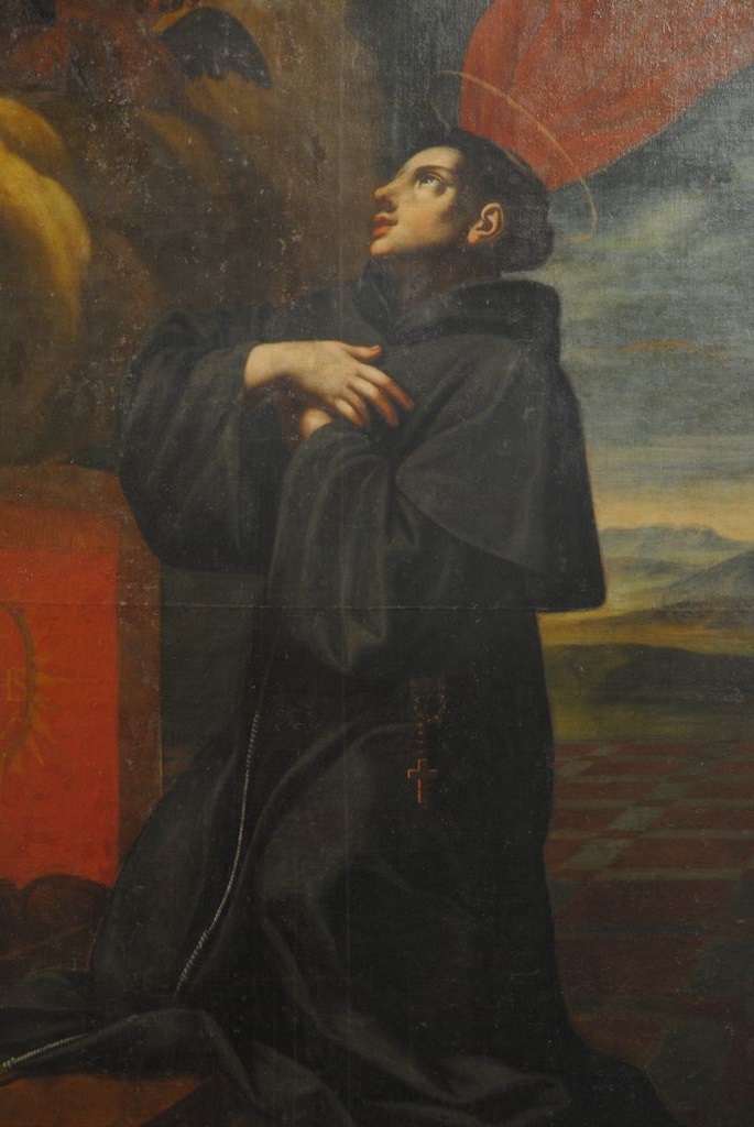 tableau : saint Antoine-de-Padoue agenouillé devant une vision de l'Enfant Jésus, détail - © Ministère de la Culture (France), Médiathèque du patrimoine et de la photographie, Conservation des antiquités et des objets d’art de l’Ardèche – Tous droits réservés