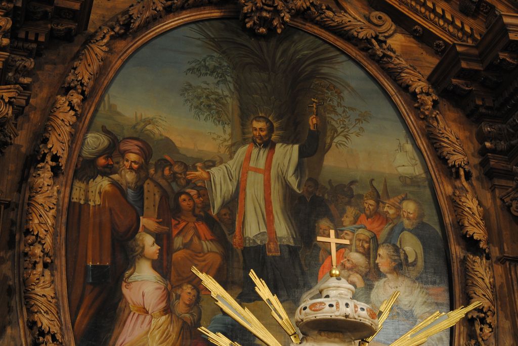 autel (maître-autel), tableau : Saint François Xavier prêchant aux indiens, vue partielle