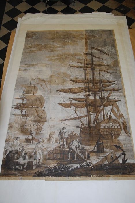 revêtement mural : Déchargement des bateaux (série des vues d'Italie), vue générale