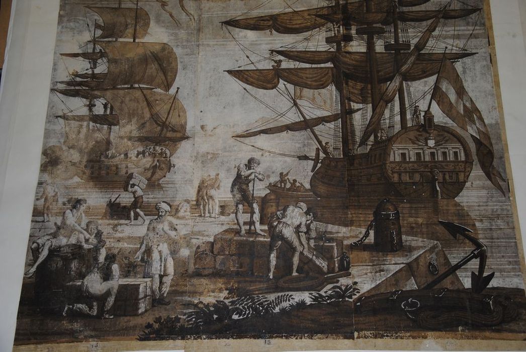 revêtement mural : Déchargement des bateaux (série des vues d'Italie), vue partielle