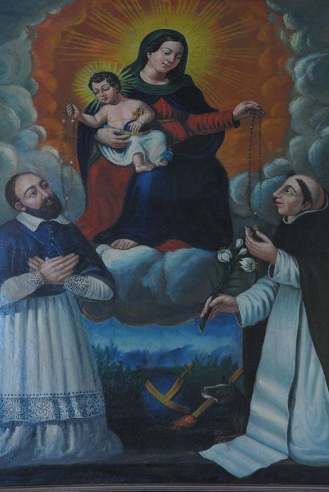 tableau : La Vierge remettant le rosaire à Saint Dominique de Guzman et à saint François de Sales, vue partielle