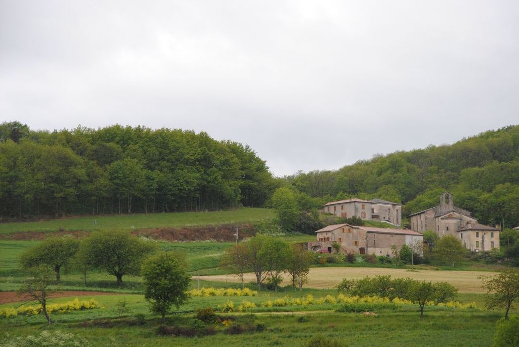 Église Saint-André-de-Crussol : Vue générale de l'église dans son environnement depuis l'Est