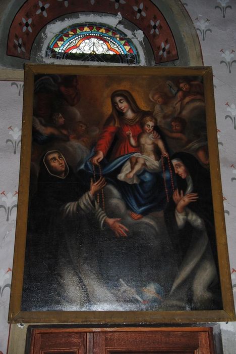 tableau : Vierge et l'Enfant remettant le rosaire à saint Dominique de Guzman et sainte Catherine de Sienne - © Ministère de la Culture (France), Médiathèque du patrimoine et de la photographie, Conservation des antiquités et des objets d’art de l’Ardèche – Tous droits réservés