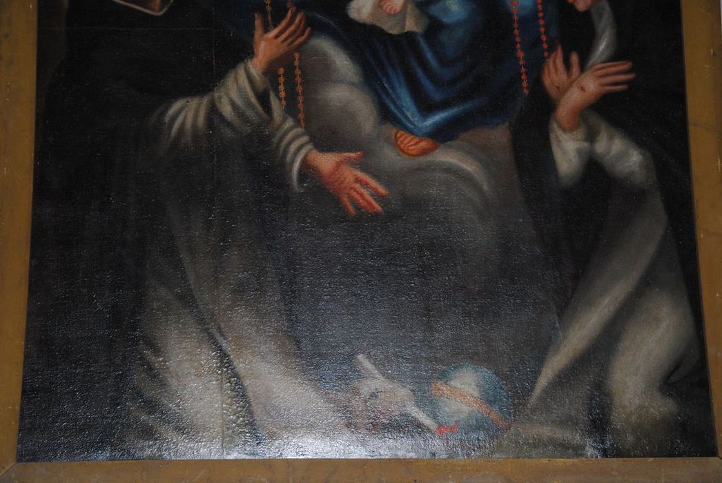 tableau : Vierge et l'Enfant remettant le rosaire à saint Dominique de Guzman et sainte Catherine de Sienne, vue partielle - © Ministère de la Culture (France), Médiathèque du patrimoine et de la photographie, Conservation des antiquités et des objets d’art de l’Ardèche – Tous droits réservés