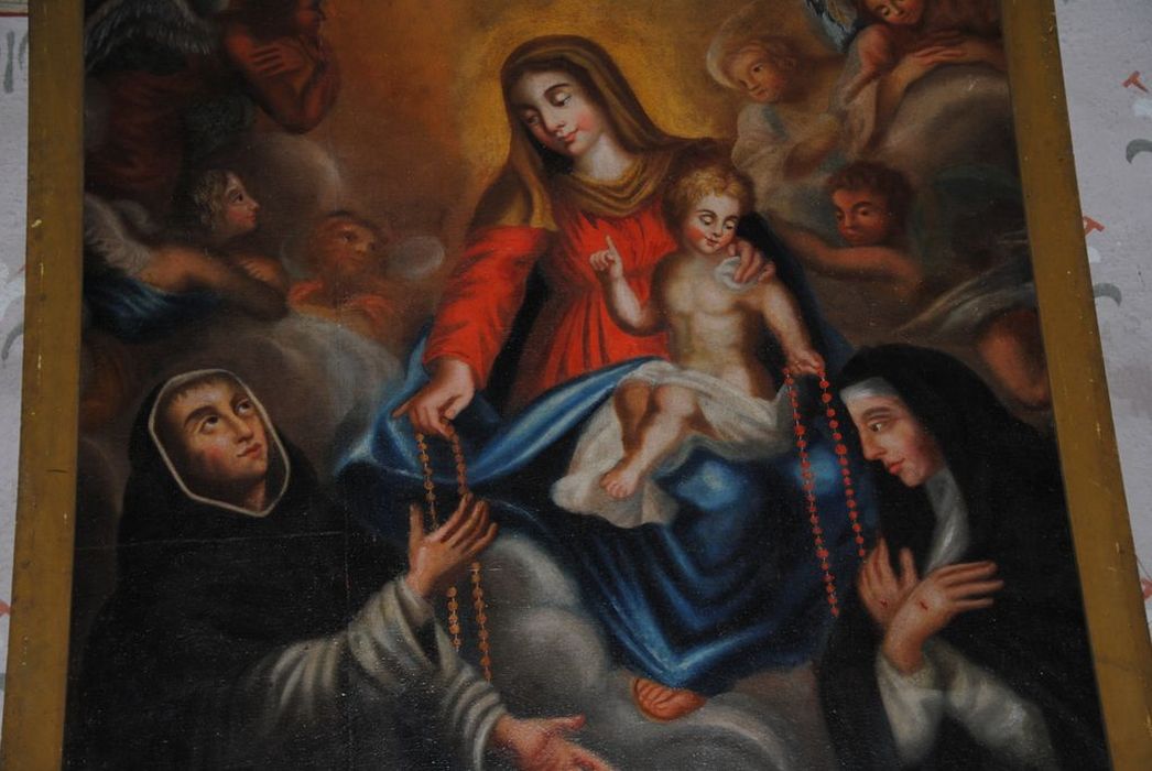 tableau : Vierge et l'Enfant remettant le rosaire à saint Dominique de Guzman et sainte Catherine de Sienne, vue partielle - © Ministère de la Culture (France), Médiathèque du patrimoine et de la photographie, Conservation des antiquités et des objets d’art de l’Ardèche – Tous droits réservés