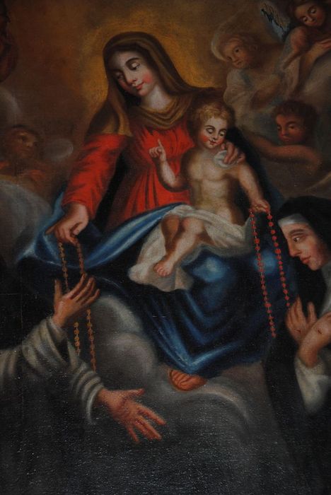 tableau : Vierge et l'Enfant remettant le rosaire à saint Dominique de Guzman et sainte Catherine de Sienne, vue partielle - © Ministère de la Culture (France), Conservation des antiquités et des objets d’art de l’Ardèche – Tous droits réservés