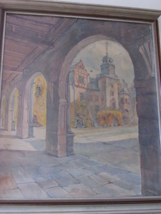 tableau : Cour du château de Weilburg (aquarelle) - © Ministère de la Culture (France), Médiathèque du patrimoine et de la photographie, Conservation des antiquités et des objets d’art de l’Ardèche – Tous droits réservés