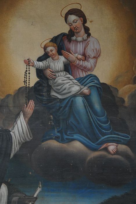 tableau : Vierge à l'Enfant remettant le rosaire à saint Dominique, vue partielle