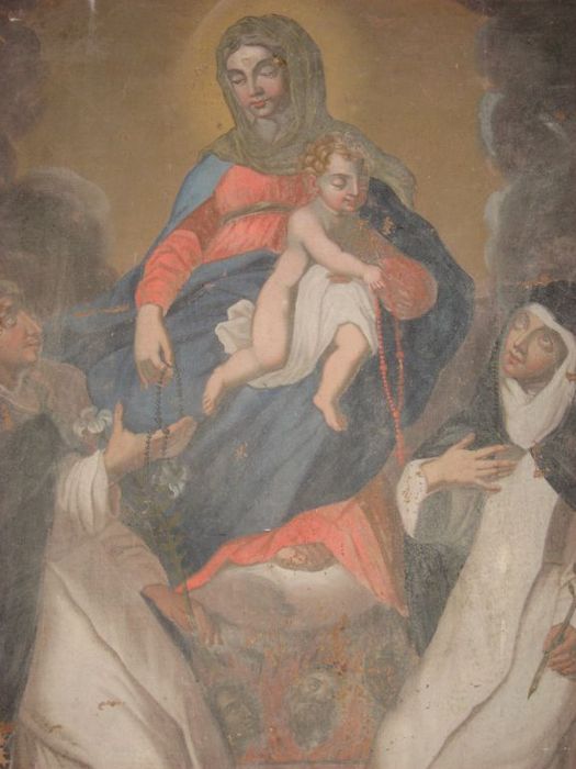 Tableau : La Vierge remettant le rosaire à saint Dominique de Guzman et à sainte Catherine de Sienne