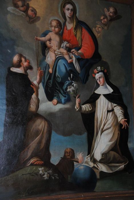 tableau et cadre : Vierge à l'Enfant remettant le rosaire à saint Dominique, vue partielle