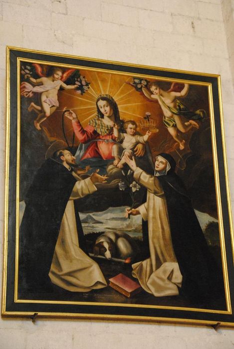 tableau : sainte Catherine de Sienne et saint Dominique recevant le rosaire des mains de la Vierge