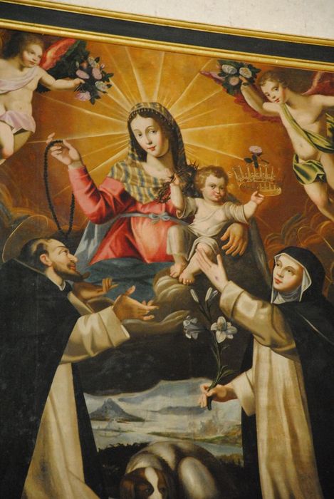 tableau : sainte Catherine de Sienne et saint Dominique recevant le rosaire des mains de la Vierge, vue partielle