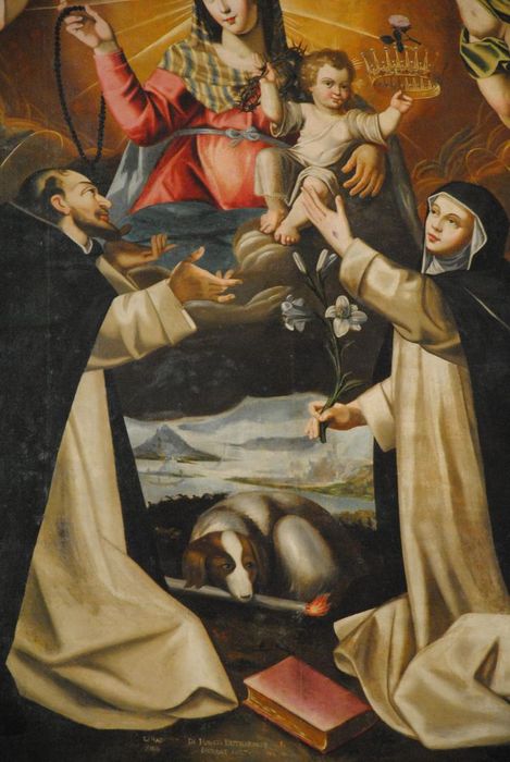 tableau : sainte Catherine de Sienne et saint Dominique recevant le rosaire des mains de la Vierge, vue partielle