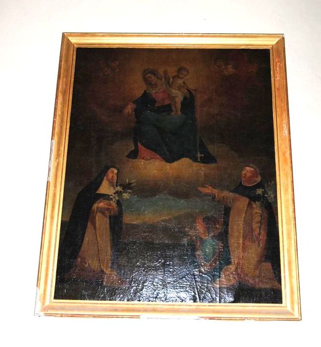 tableau : La Vierge transmettant le Rosaire à saint Dominique et sainte Catherine de Sienne - © Ministère de la Culture (France), Médiathèque du patrimoine et de la photographie, Conservation des antiquités et des objets d’art de l’Ardèche – Tous droits réservés