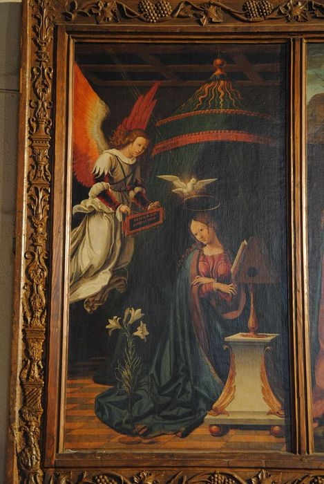 tableau (triptyque) : Vue partielle, Annonciation (l’) - © Ministère de la Culture (France), Conservation des antiquités et des objets d’art de l’Ardèche – Tous droits réservés