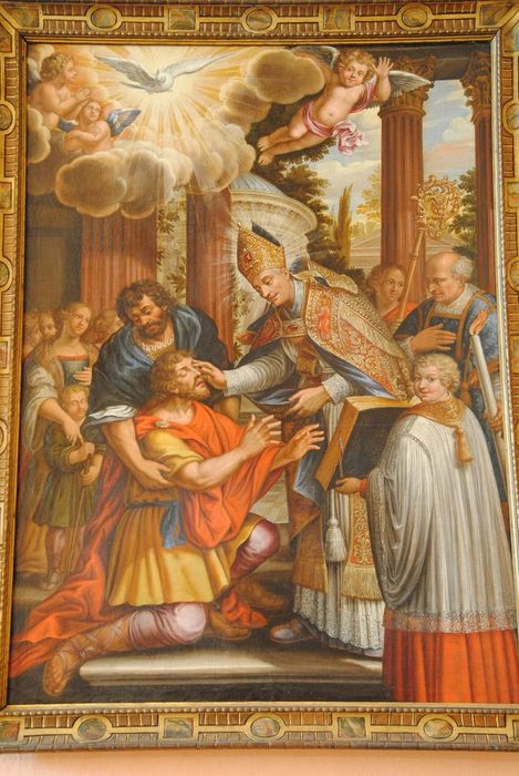 tableau : saint Antoine évêque guérissant un aveugle - © Ministère de la Culture (France), Médiathèque du patrimoine et de la photographie, Conservation des antiquités et des objets d’art de l’Ardèche – Tous droits réservés