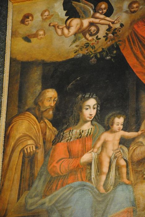 tableau : Sainte famille saint Joseph la Vierge à l'Enfant auprès de sainte Anne et donateur agenouillé (la), vue partielle