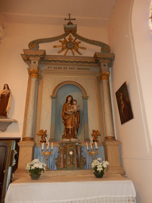 autel latéral sud, tabernacle, retable, statue : Notre-Dame de Bonsecours